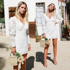 White Floral Lace Eyelet Long Sleeve Mini Dress